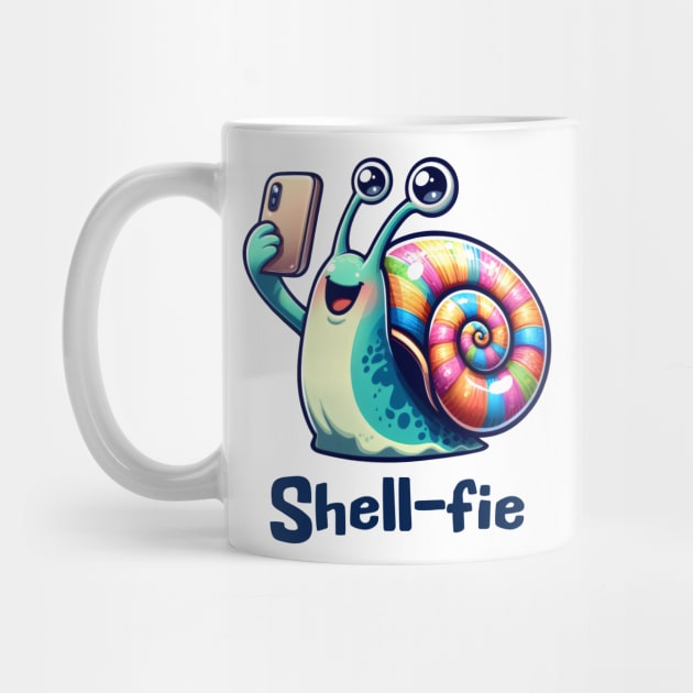 Cute happy snail taking a smartphone Shell-fie pun design by Luxinda